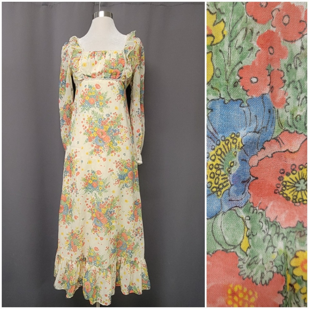Vintage Empire‎ Waist Maxi Dress Cream Floral Ruffle Open Back Lace Trim XS S